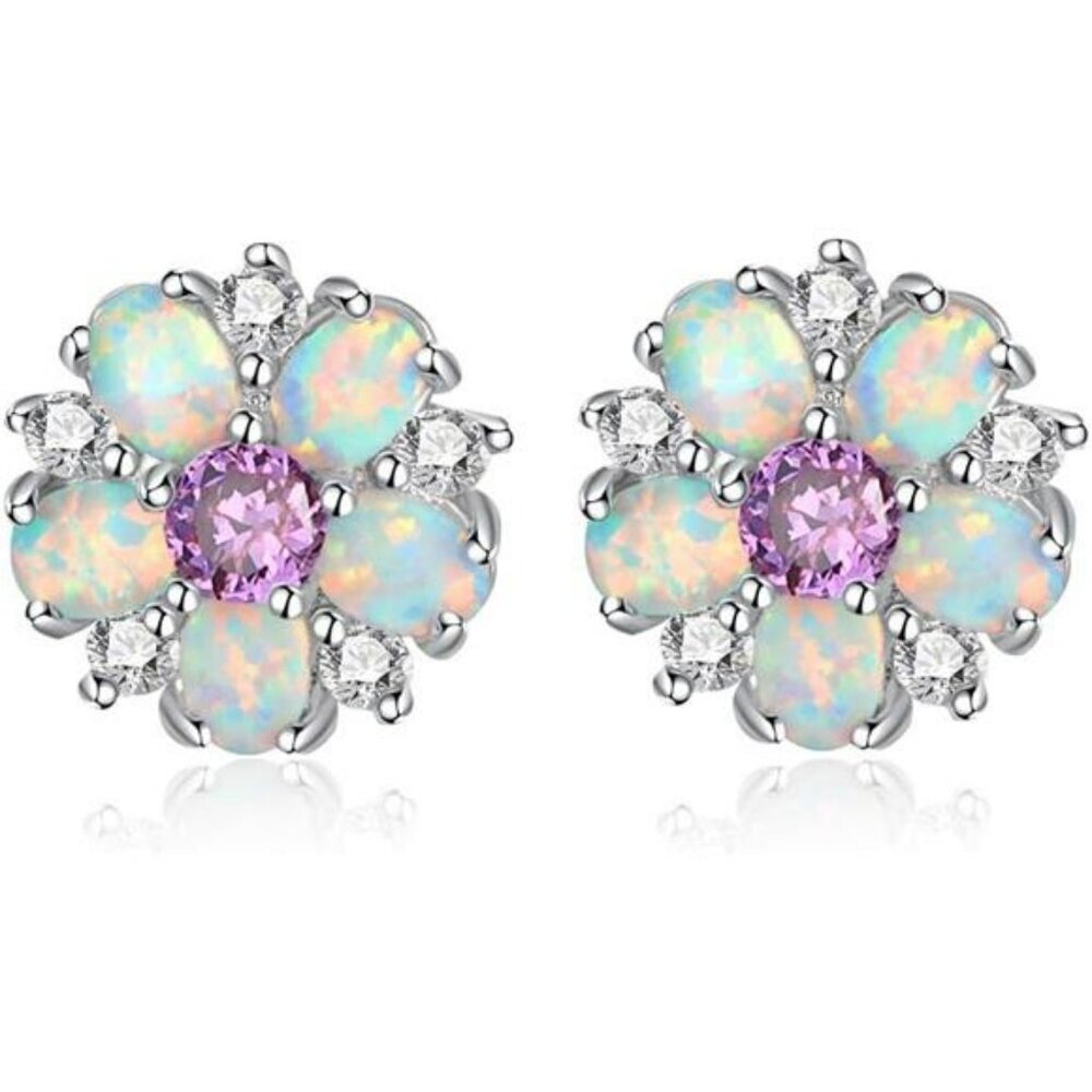 Opal Flower Stud Earrings Sterling Silver Cute Jewelry Gift for Women Girls